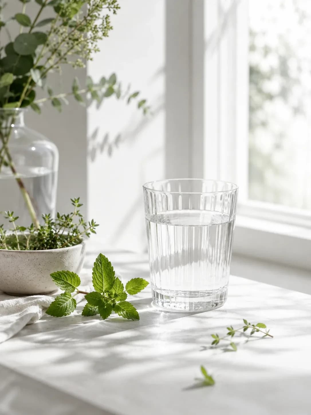 Een glas water met munt op een licht keukenblad